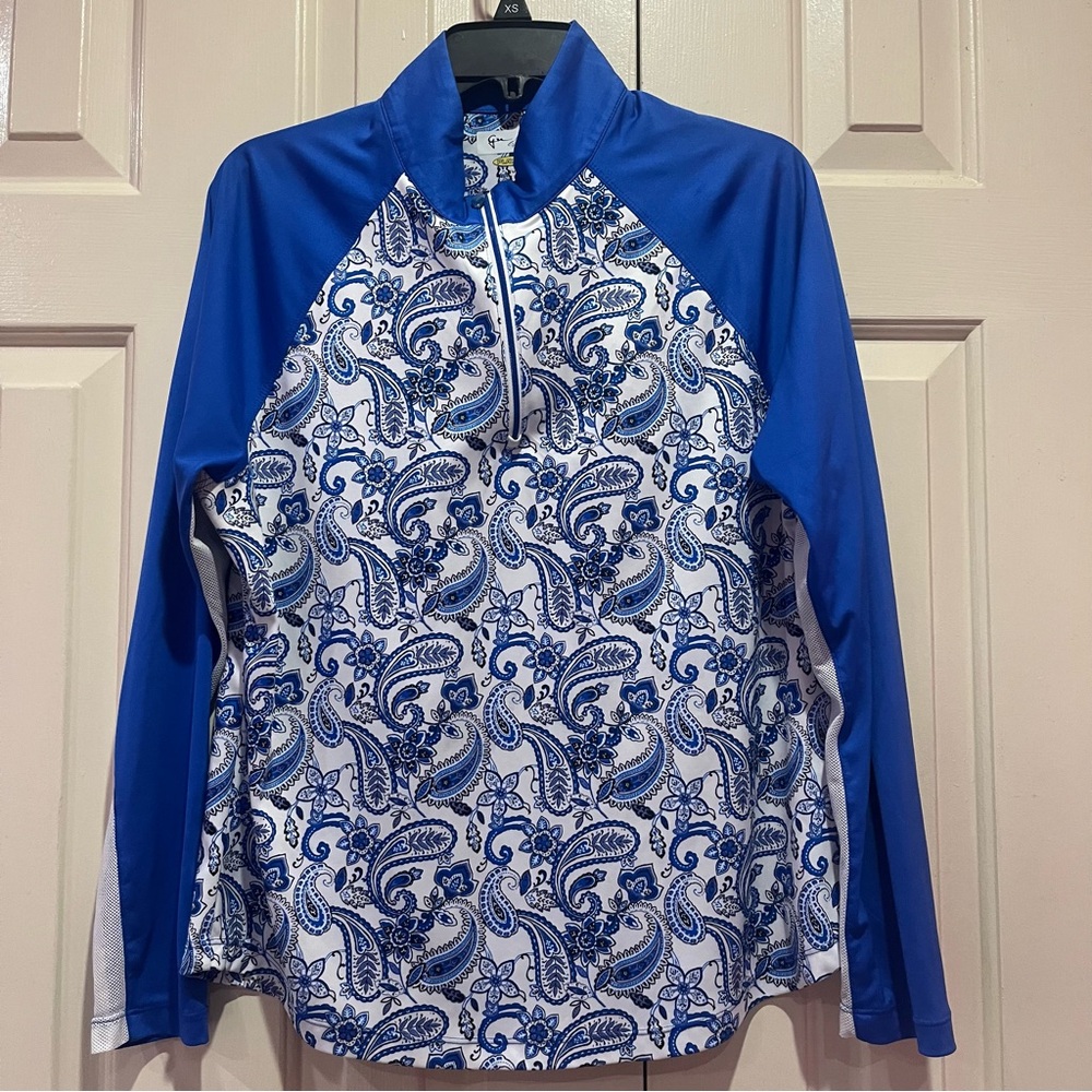 Greg Norman Play Dry Long Sleeve Paisley Golf Shirt Size Large Blue